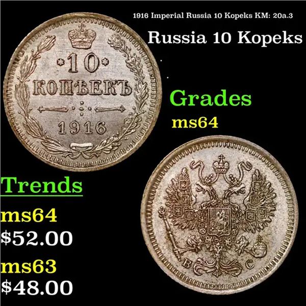 1916 Imperial Russia 10 Kopeks KM: 20a.3 Grades Choice Unc