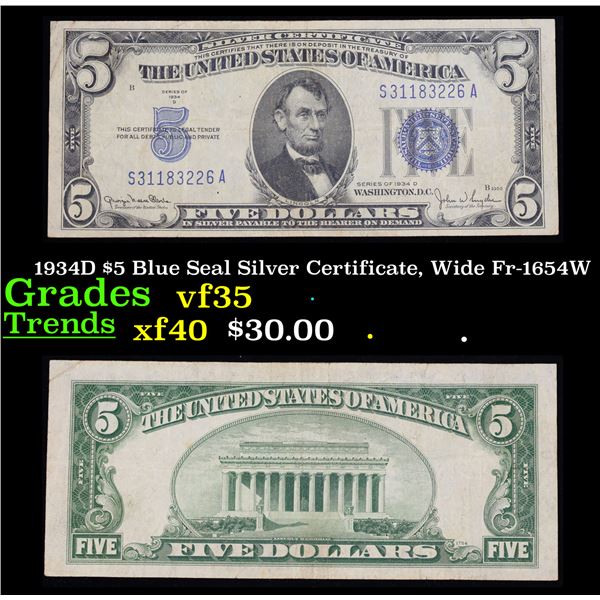 1934D $5 Blue Seal Silver Certificate, Wide Fr-1654W Grades vf++