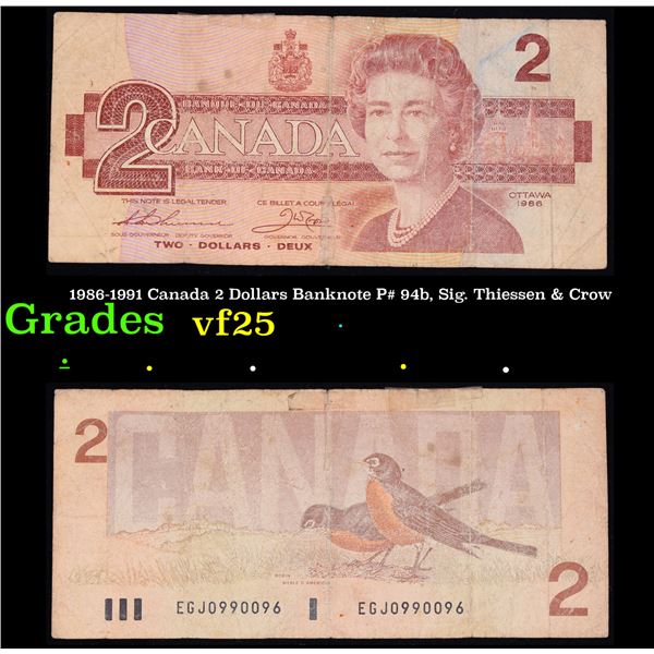 1986-1991 Canada 2 Dollars Banknote P# 94b, Sig. Thiessen & Crow Grades vf+