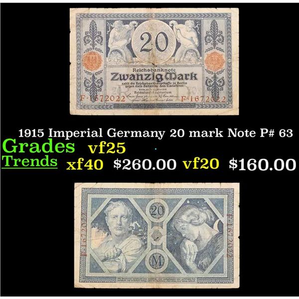 1915 Imperial Germany 20 mark Note P# 63 Grades vf+