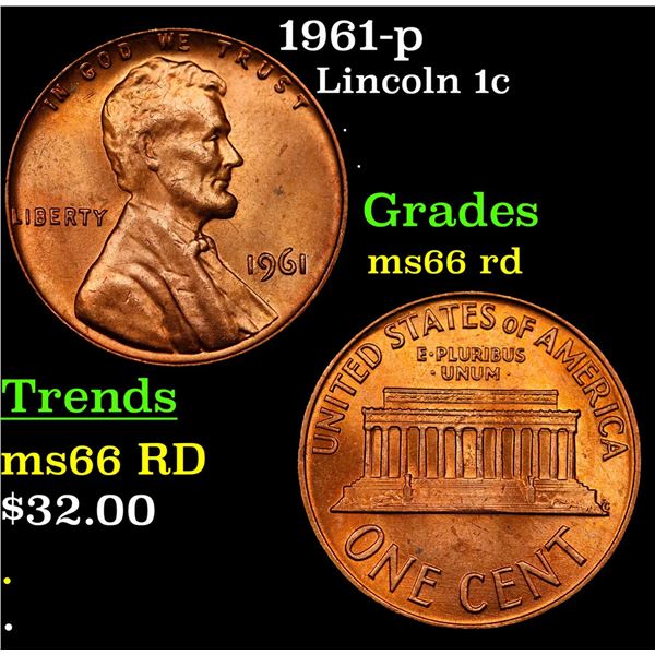 1961-p Lincoln Cent 1c Grades GEM+ Unc RD