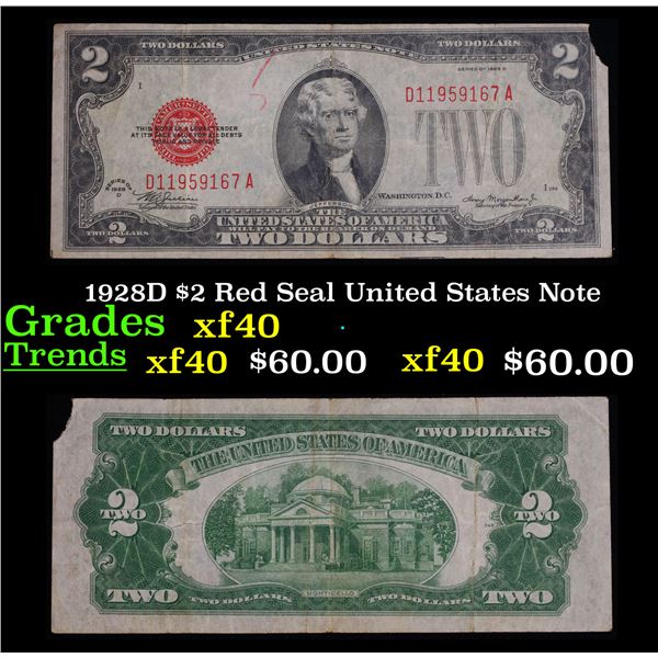 1928D $2 Red Seal United States Note Grades xf