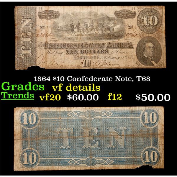 1864 $10 Confederate Note, T68 Grades vf details