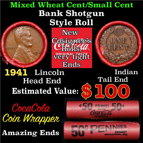 Mixed small cents 1c orig shotgun roll, 1941-p Lincoln Cent, Lincoln Cent other end, Coca-Cola Brand