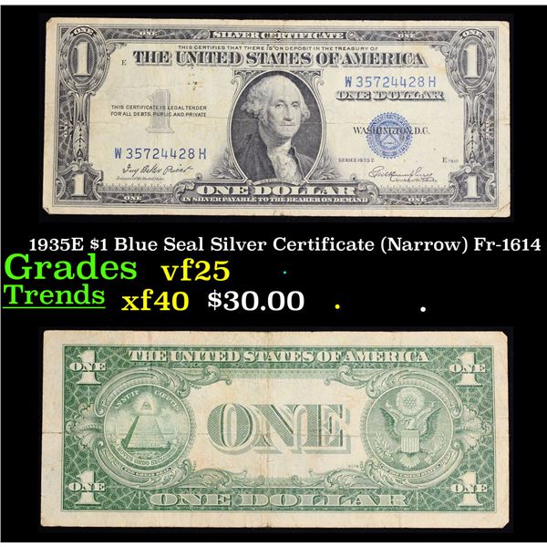 1935E $1 Blue Seal Silver Certificate (Narrow) Fr-1614 Grades vf+