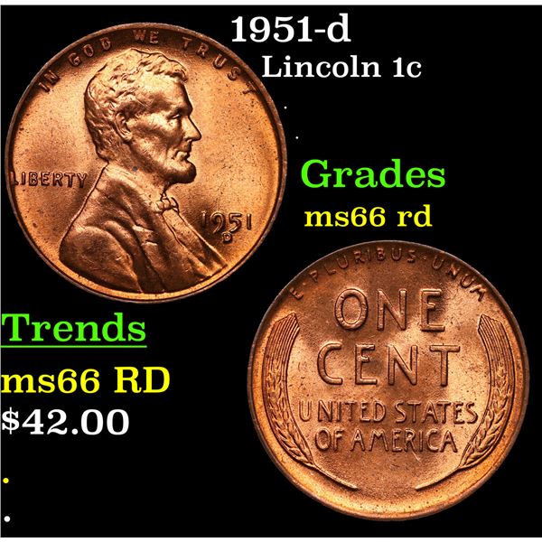 1951-d Lincoln Cent 1c Grades GEM+ Unc RD