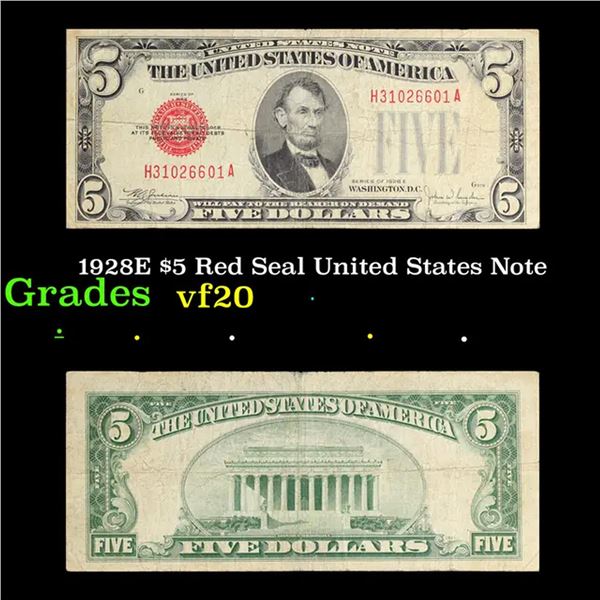 1928E $5 Red Seal United States Note Grades vf, very fine