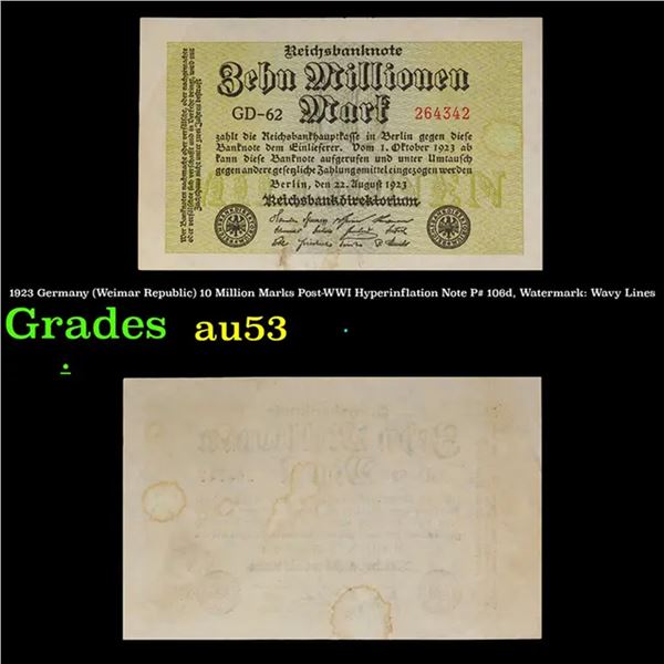 1923 Germany (Weimar Republic) 10 Million Marks Post-WWI Hyperinflation Note P# 106d, Watermark: Wav