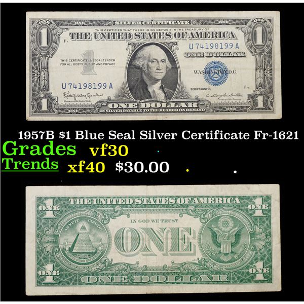 1957B $1 Blue Seal Silver Certificate Fr-1621 Grades vf++