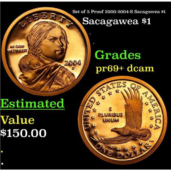 Proof Set of 5 Proof 2000-2004-S Sacagawea $1 Sacagawea Dollar $1 Grades GEM++ Proof Deep Cameo