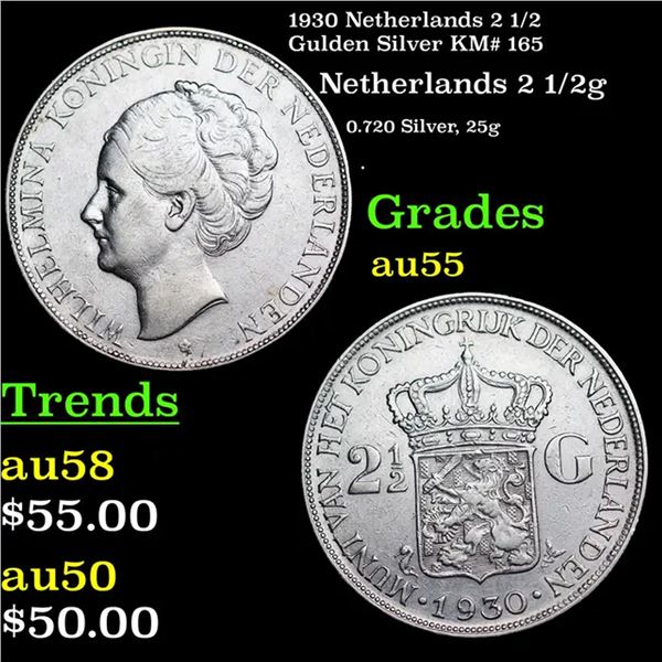1930 Netherlands 2 1/2 Gulden Silver KM# 165 Grades Choice AU