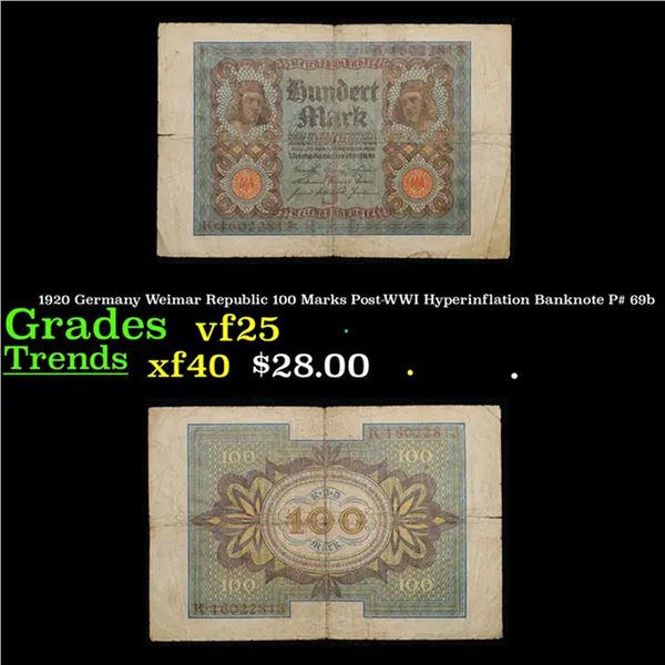 1920 Germany Weimar Republic 100 Marks Post-WWI Hyperinflation Banknote P# 69b Grades vf+