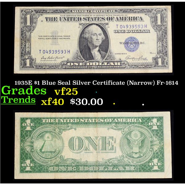 1935E $1 Blue Seal Silver Certificate (Narrow) Fr-1614 Grades vf+
