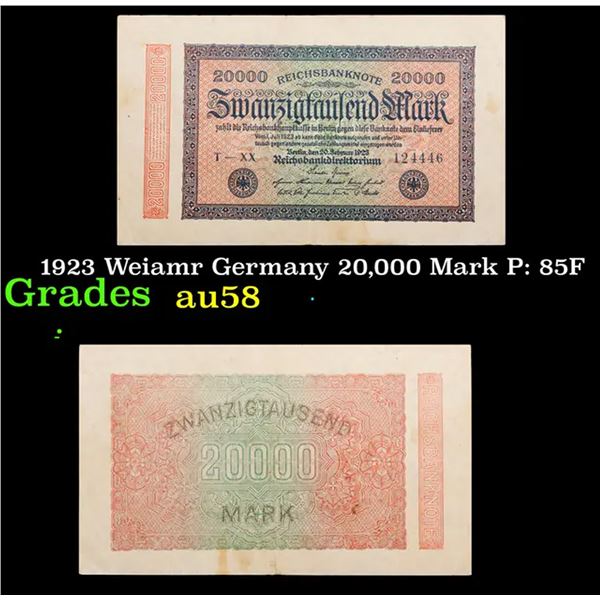 1923 Weiamr Germany 20,000 Mark P: 85F Grades Choice AU/BU Slider