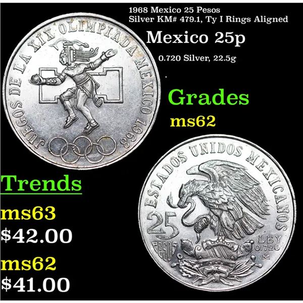 1968 Mexico 25 Pesos Silver KM# 479.1, Ty I Rings Aligned Grades Select Unc