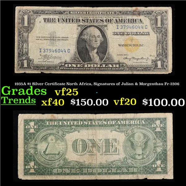 1935A $1 Silver Certificate North Africa, Signatures of Julian & Morgenthau Fr-2306 Grades vf+