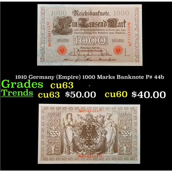 1910 Germany (Empire) 1000 Marks Banknote P# 44b Grades Select CU