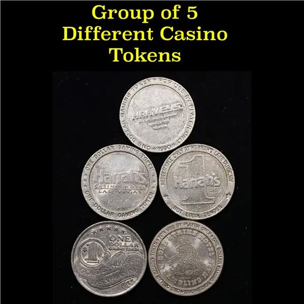 Group of 5 Casino Tokens All Different