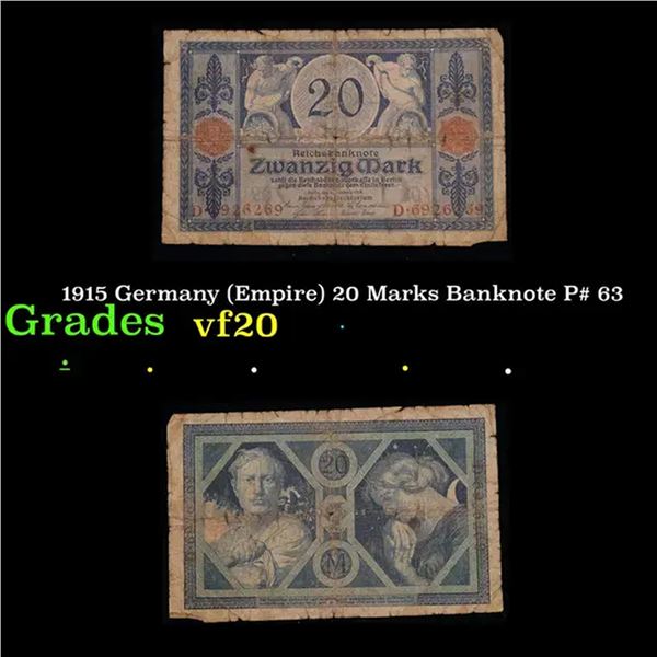 1915 Germany (Empire) 20 Marks Banknote P# 63 Grades vf, very fine