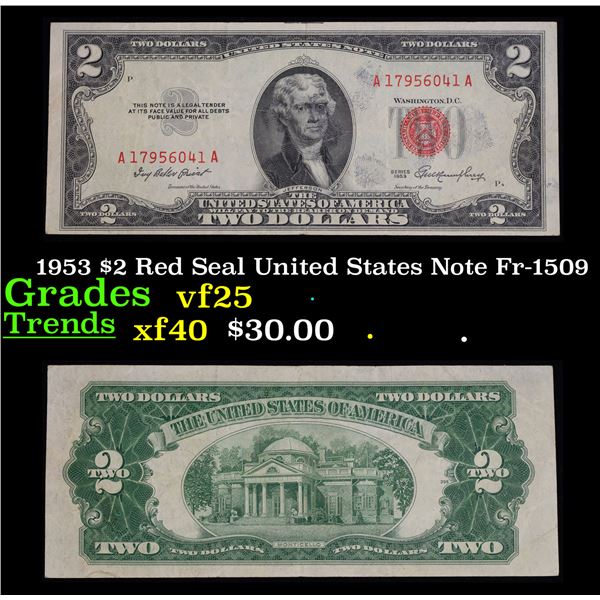 1953 $2 Red Seal United States Note Fr-1509 Grades vf+