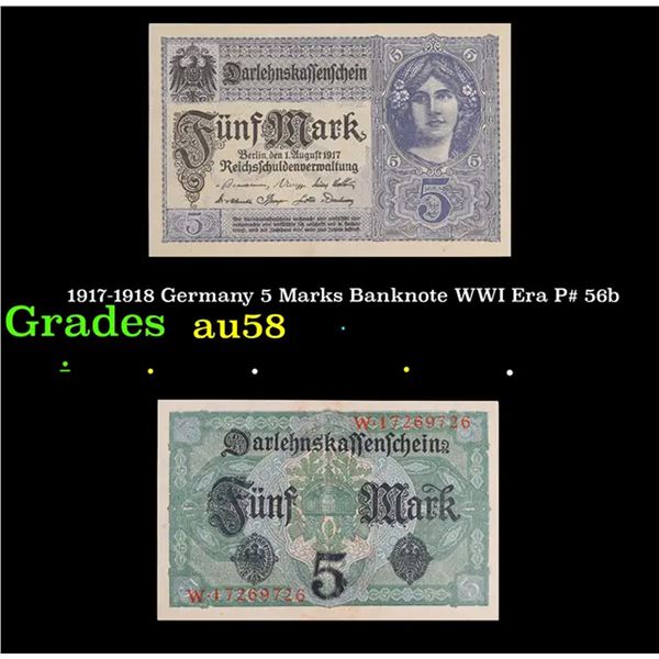 1917-1918 Germany 5 Marks Banknote WWI Era P# 56b Grades Choice AU/BU Slider