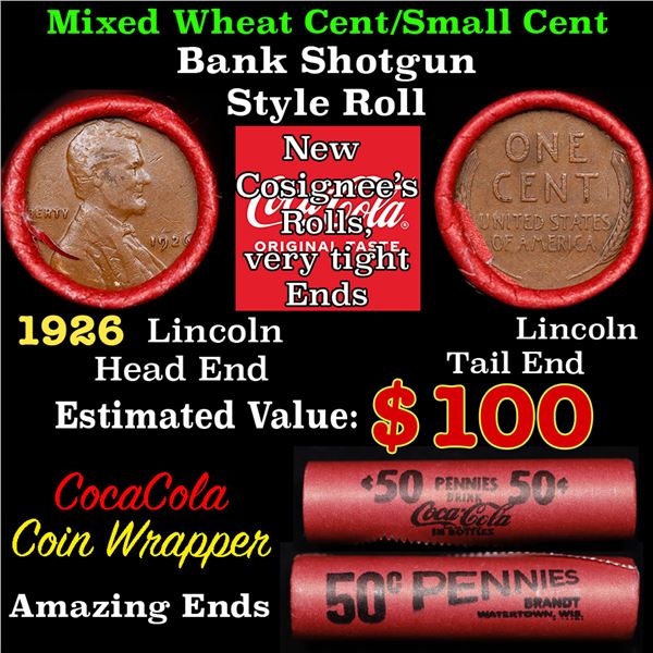 Mixed small cents 1c orig shotgun roll, 1926-p Lincoln Cent, Lincoln Cent other end, Coca-Cola Brand