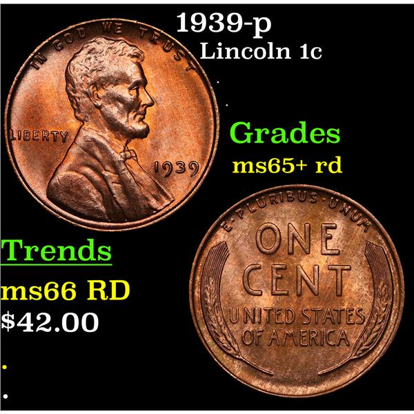 1939-p Lincoln Cent 1c Grades Gem+ Unc RD