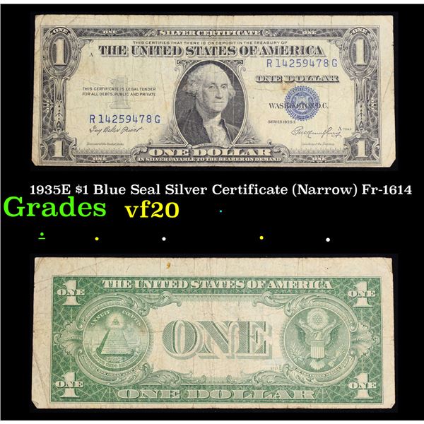 1935E $1 Blue Seal Silver Certificate (Narrow) Fr-1614 Grades vf, very fine
