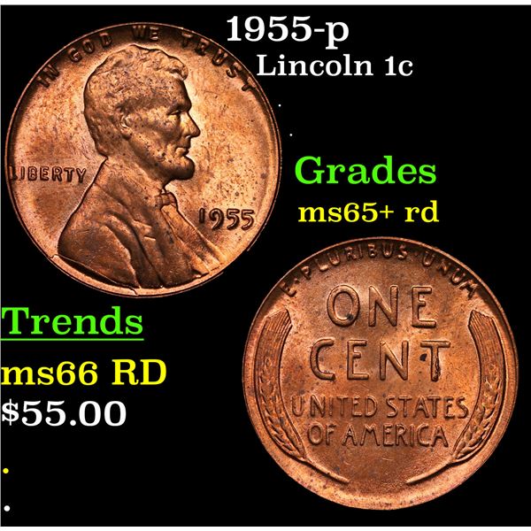 1955-p Lincoln Cent 1c Grades Gem+ Unc RD