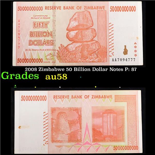 2008 Zimbabwe 50 Billion Dollar Notes P: 87 Grades Choice AU/BU Slider
