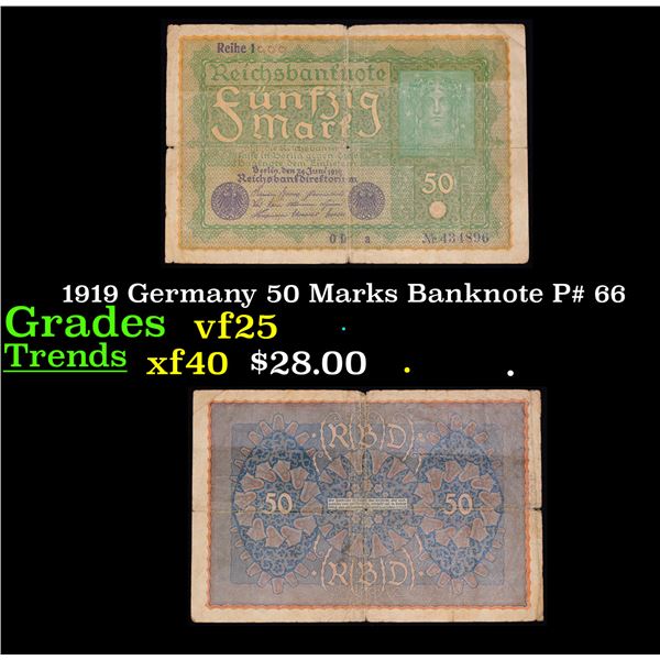 1919 Germany 50 Marks Banknote P# 66 Grades vf+