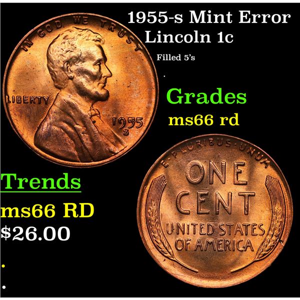 1955-s Lincoln Cent Mint Error 1c Grades GEM+ Unc RD