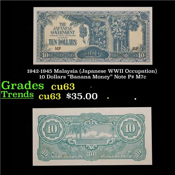 1942-1945 Malaysia (Japanese WWII Occupation) 10 Dollars "Banana Money" Note P# M7c Grades Select CU