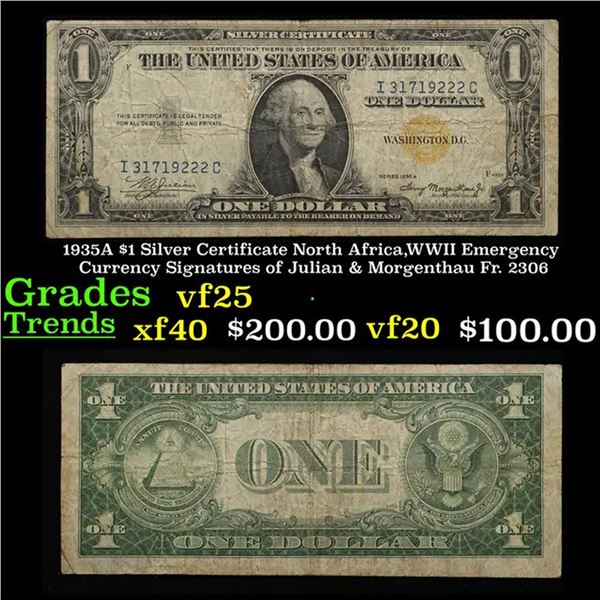 1935A $1 Silver Certificate North Africa,WWII Emergency Currency Signatures of Julian & Morgenthau F