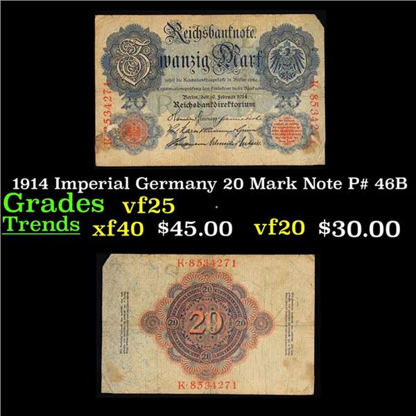 1914 Imperial Germany 20 Mark Note P# 46B Grades vf+