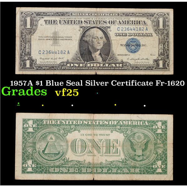 1957A $1 Blue Seal Silver Certificate Fr-1620 Grades vf+