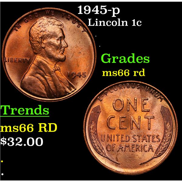 1945-p Lincoln Cent 1c Grades GEM+ Unc RD