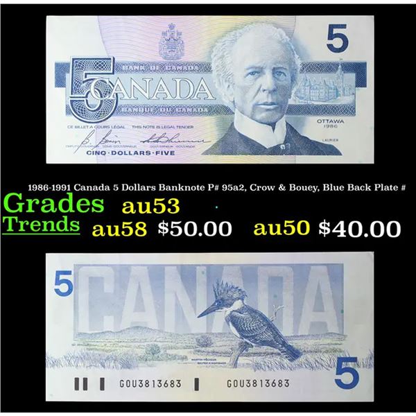 1986-1991 Canada 5 Dollars Banknote P# 95a2, Crow & Bouey, Blue Back Plate # Grades Select AU