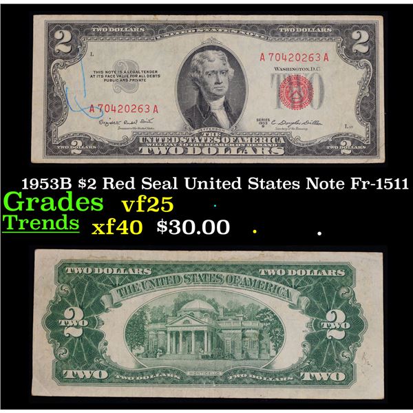 1953B $2 Red Seal United States Note Fr-1511 Grades vf+