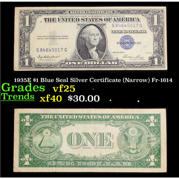 1935E $1 Blue Seal Silver Certificate (Narrow) Fr-1614 Grades vf+