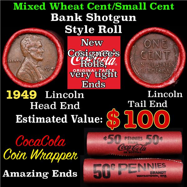 Mixed small cents 1c orig shotgun roll, 1949-p Lincoln Cent, Lincoln Cent other end, Coca-Cola Brand
