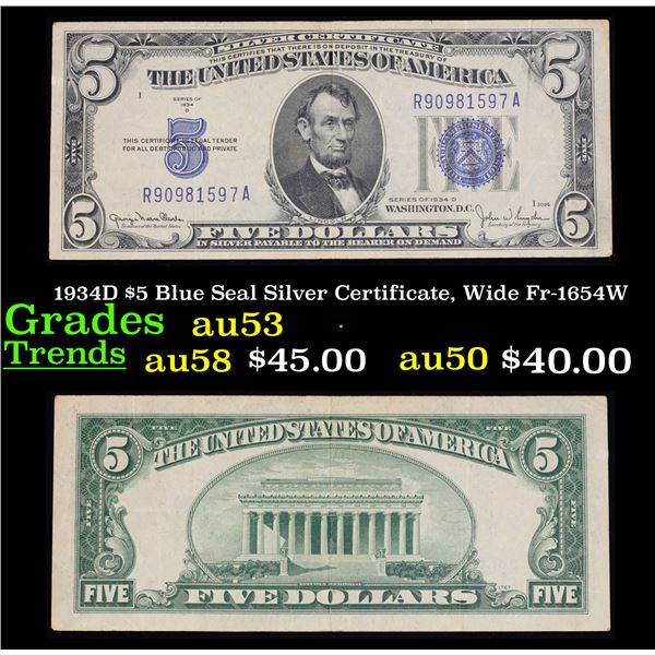 1934D $5 Blue Seal Silver Certificate, Wide Fr-1654W Grades Select AU