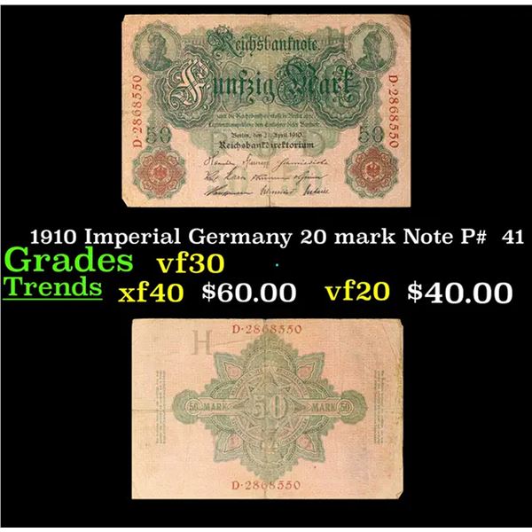 1910 Imperial Germany 20 mark Note P#  41 Grades vf++