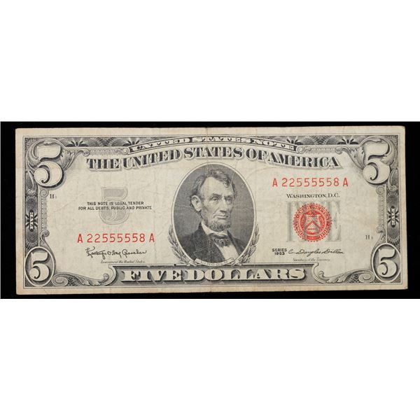 1963 $5 Red seal United States Note Fancy #22555558 Grades vf+