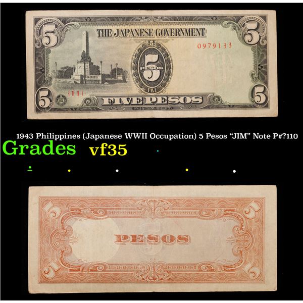 1943 Philippines (Japanese WWII Occupation) 5 Pesos "JIM" Note P#?110 Grades vf++
