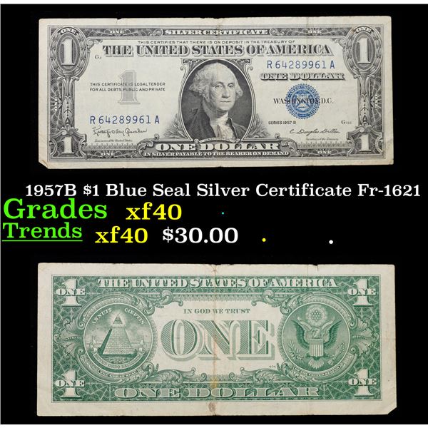 1957B $1 Blue Seal Silver Certificate Fr-1621 Grades xf
