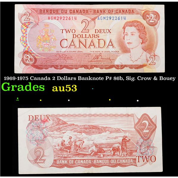 1969-1975 Canada 2 Dollars Banknote P# 86b, Sig. Crow & Bouey Grades Select AU