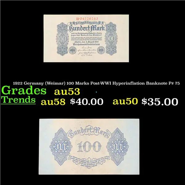1922 Germany (Weimar) 100 Marks Post-WWI Hyperinflation Banknote P# 75 Grades Select AU