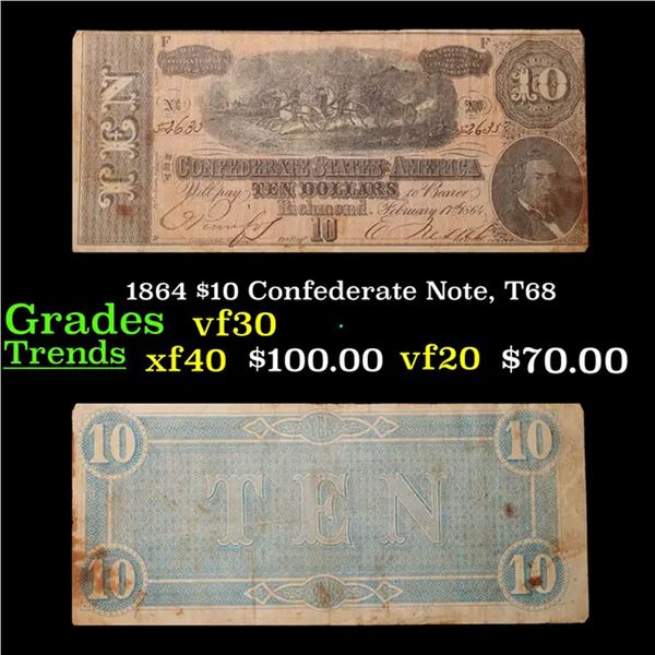 1864 $10 Confederate Note, T68 Grades vf++