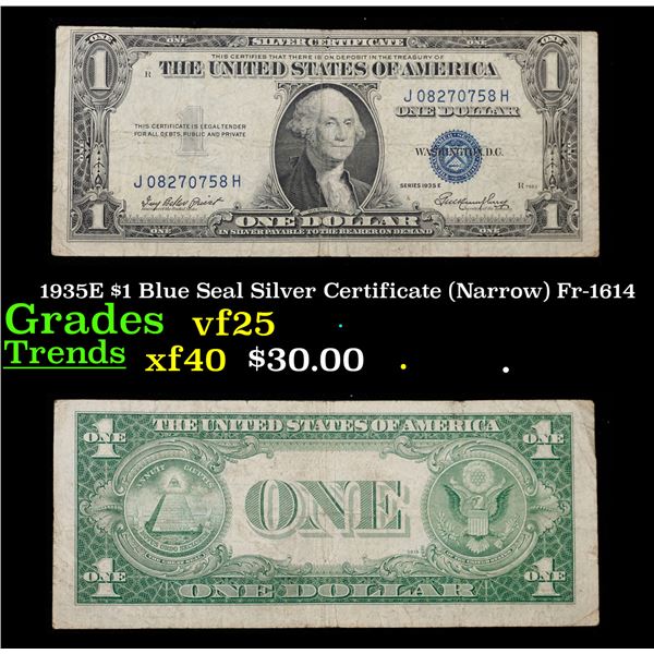 1935E $1 Blue Seal Silver Certificate (Narrow) Fr-1614 Grades vf+